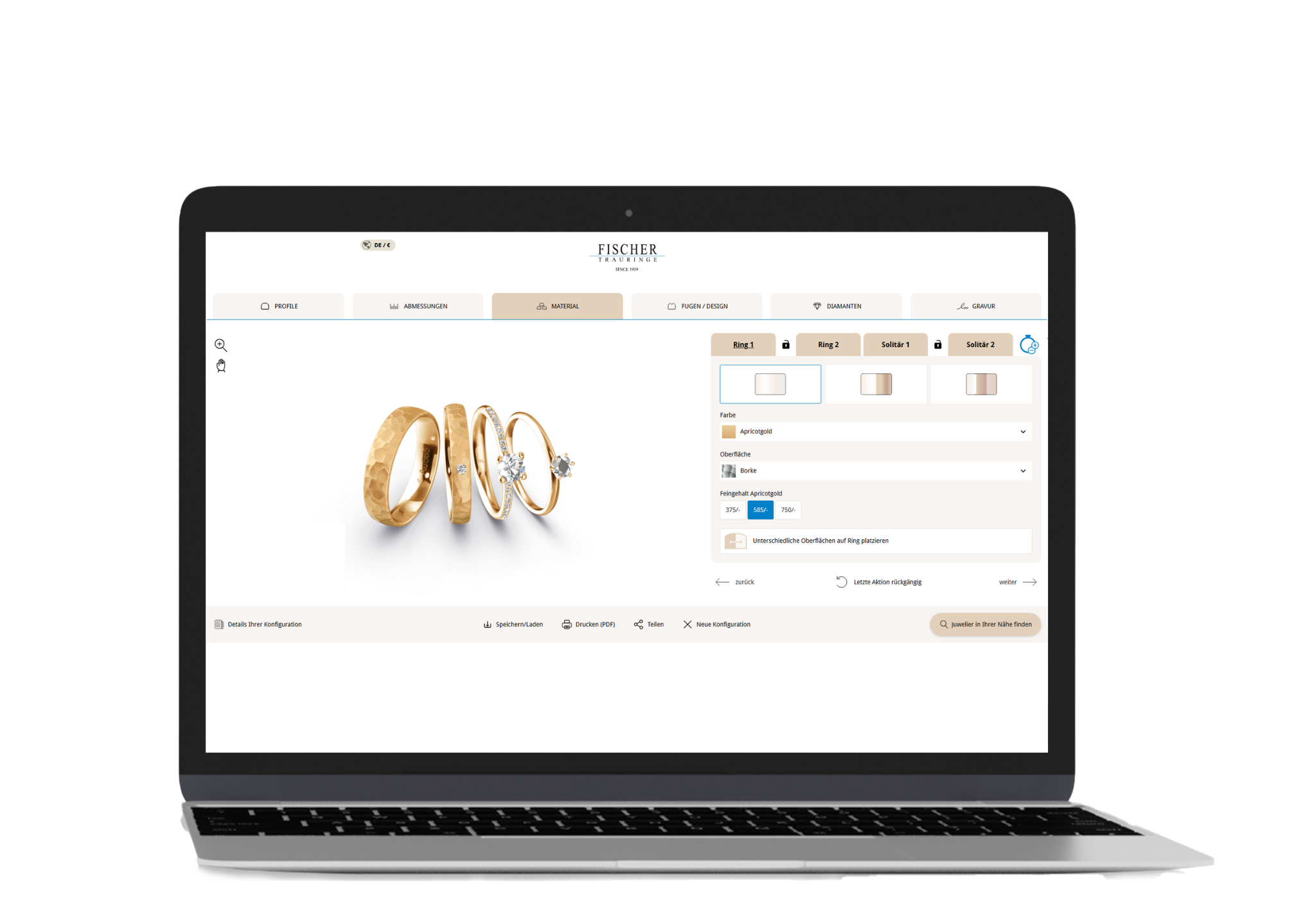 Fischer Trauringe Konfigurator mit Apricotgold-Ringen