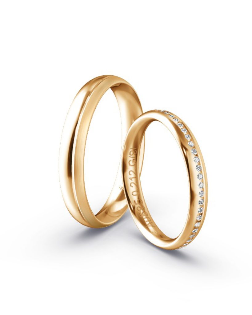 Ringe in Apricotgold poliert und Feinmatt Damenring ringsum mit Brillanten besetzt