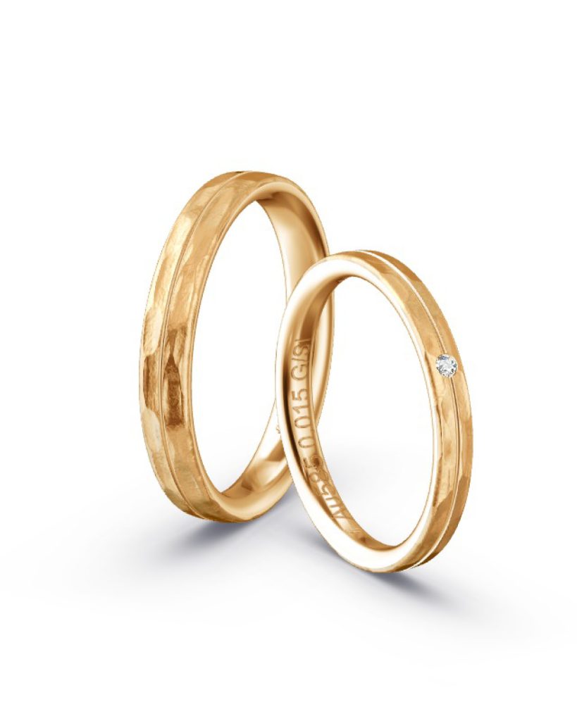 Ring Apricotgold Oberfläche Rinde U-Fuge poliert Damenring 1 Brillant 0.015 ct. / G/SI