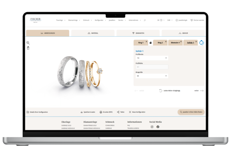Individually configurable wedding rings in white gold and yellow gold with diamonds in the Fischer Ring Configurator