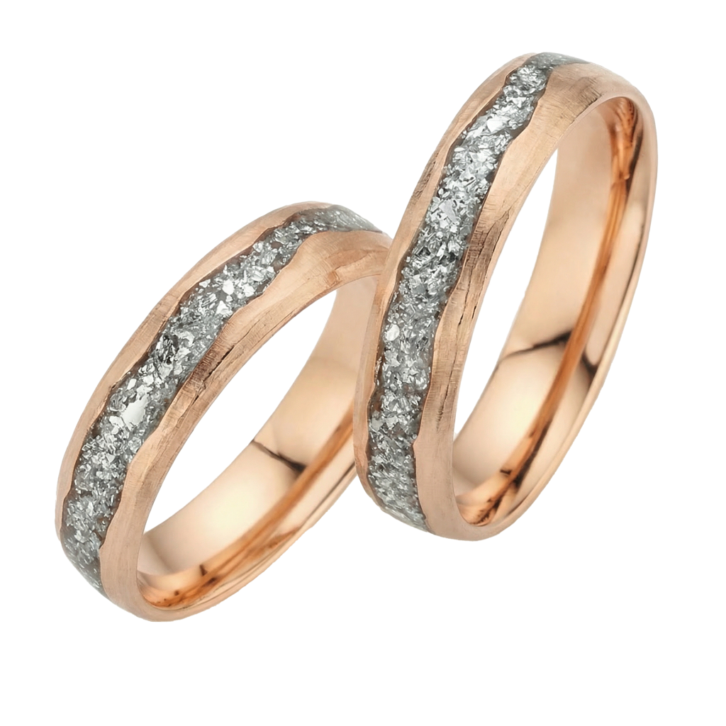 Eheringe aus Rotgold mit facettierten Diamanten in filigraner Lasur-Optik, Made in Germany