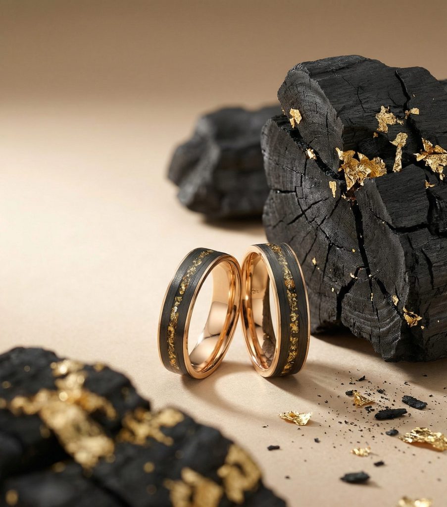 Eheringe aus Apricotgold mit schwarzem Carbon und Goldflakes-Dekor, nachhaltig gefertigt