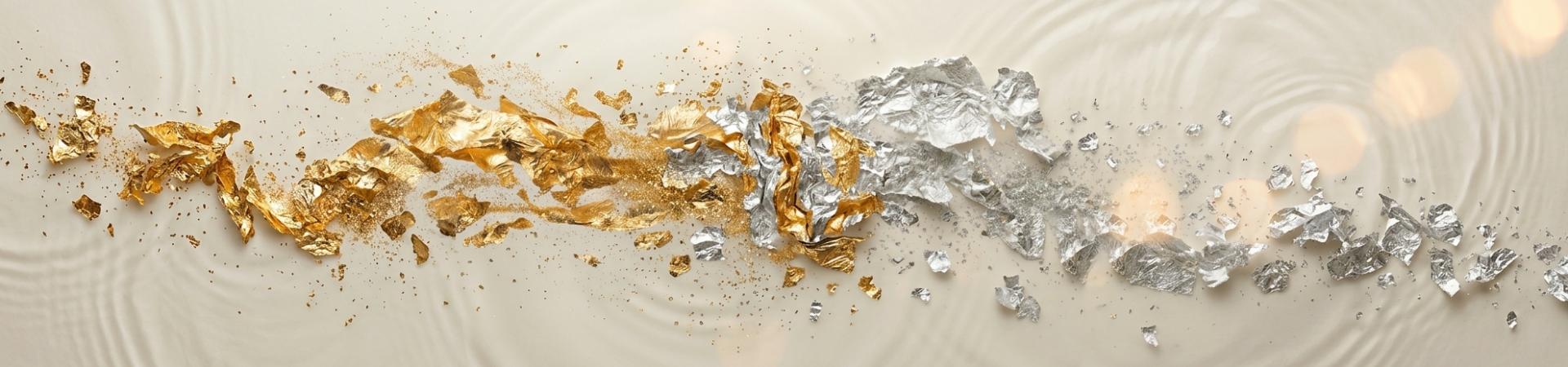 Gold- und Weißgoldfolien in fließender Wasserstruktur, symbolisch für hochwertige Fischer Trauringe-Legierungen